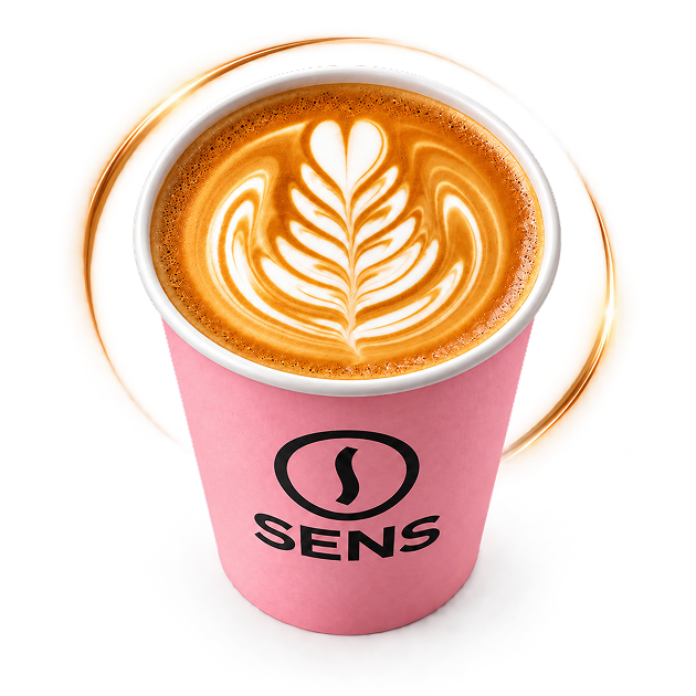 Coffee with latte art in a pink SENS cup