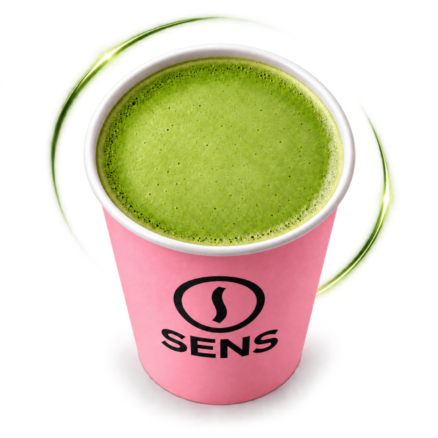 Matcha in a pink SENS cup
