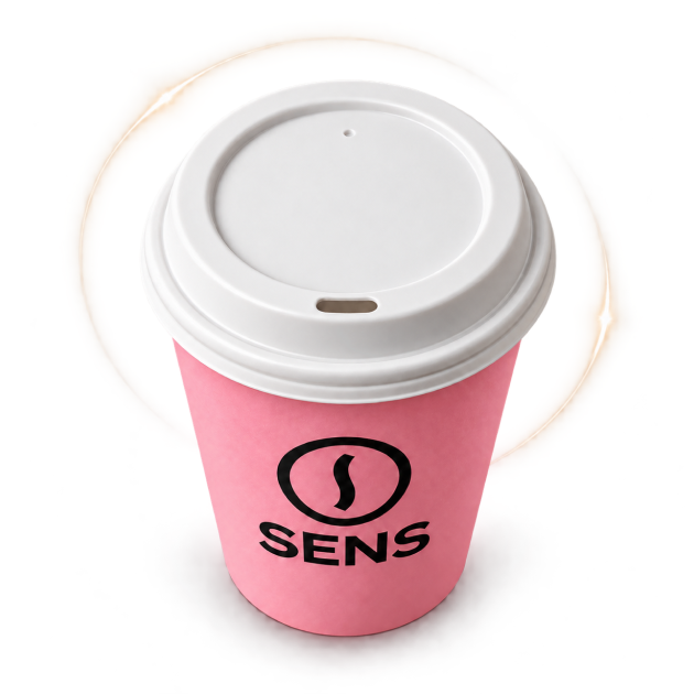 Pink SENS takeaway cup with a white lid
