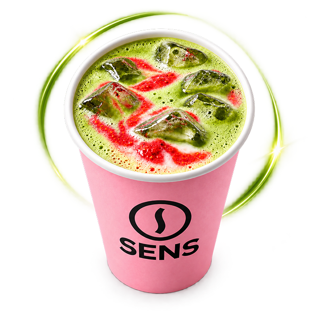 Iced strawberry matcha in a pink SENS cup