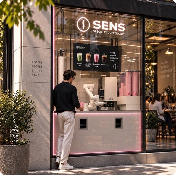 SENS robotic coffee kiosk built into a street-facing storefront
