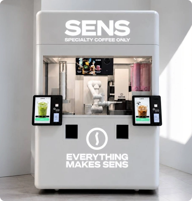 Full-height SENS indoor robotic coffee kiosk, including its base and feet