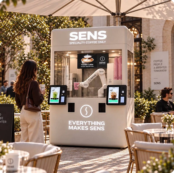 White SENS coffee kiosk on an outdoor cafe terrace