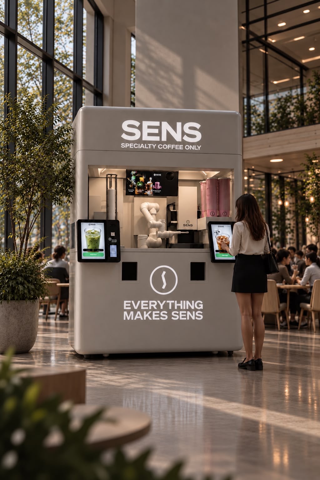 SENS robotic coffee kiosk concept in a bright indoor atrium