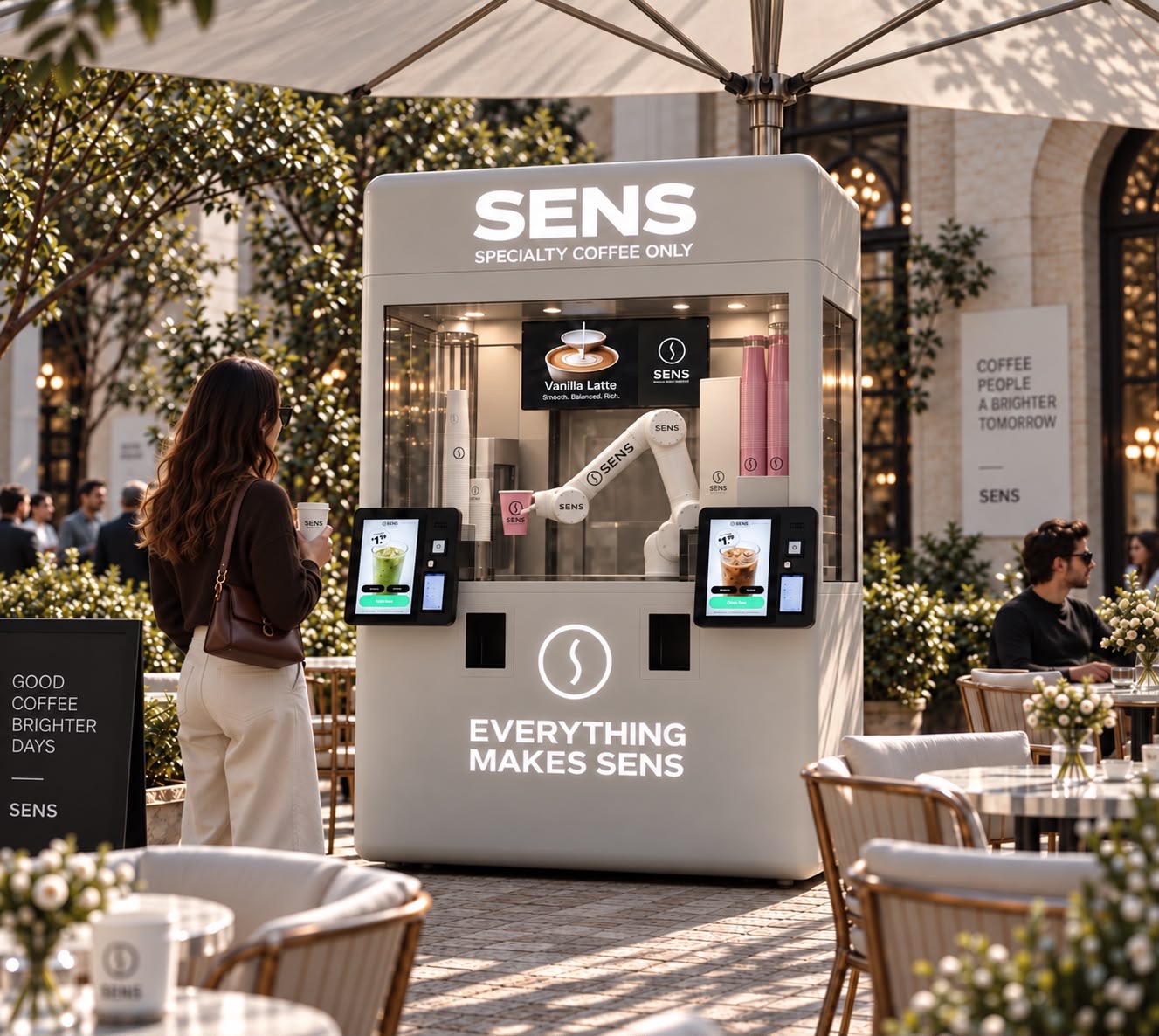 White SENS coffee kiosk on an outdoor cafe terrace