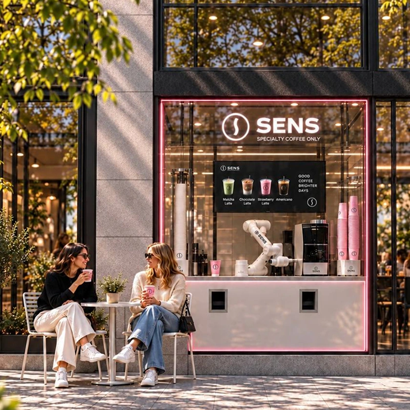 Two women enjoying coffee beside the SENS Spot robotic cafe storefront